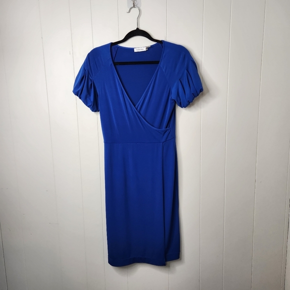 Calvin Klein Blue Short Sleeve Knee Length Dress Stretchy Wrap V-Neck Office - Picture 10 of 10